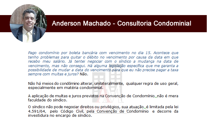 Sindico Profissional, há alguma legislação específica que me garanta mudar a data de vencimento